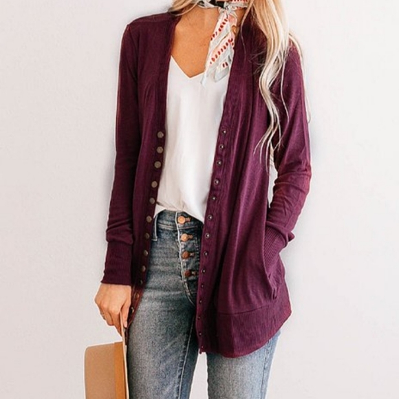 Long Snap Pocket Cardigan in Eggplant - Picture 3 of 9